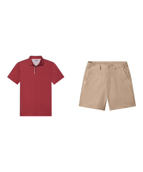 Weekend outfit flat lay: Clubhouse Performance Polo in Red Brickline with khaki chino shorts