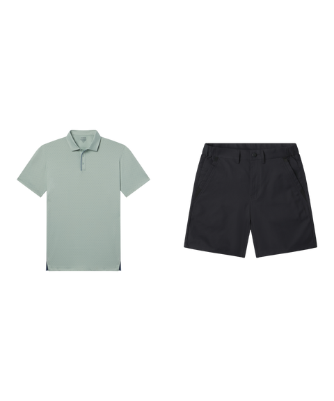 Golf outfit flat lay: Clubhouse Performance Polo in Storm Green Sweetspot with black shorts