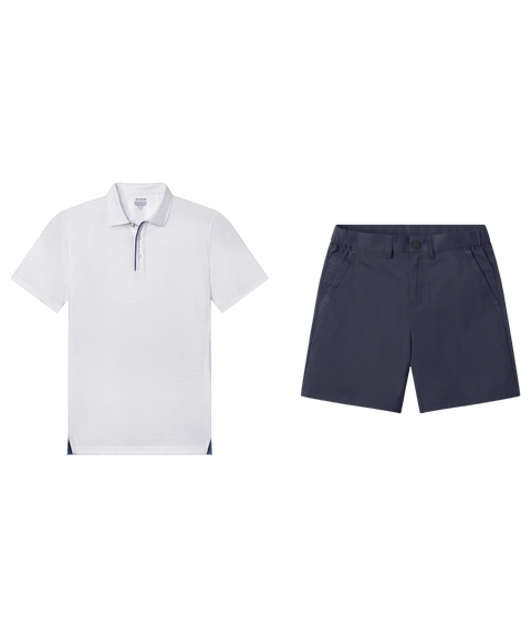 White textured polo with navy placket trim paired with navy shorts, shown flat.