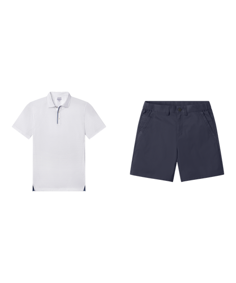 Outfit flat lay: Clubhouse Performance Polo in White Driveline with Jetsetter Tech Short in Deep Blue