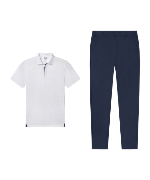 Travel outfit flat lay: Clubhouse Performance Polo in White Driveline paired with navy pants