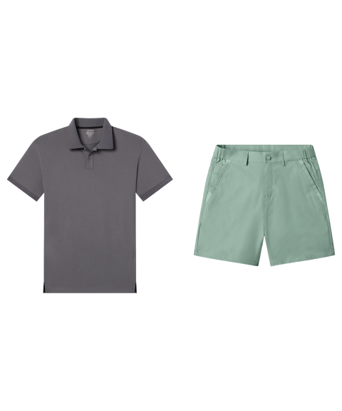 Charcoal pique polo paired with sage green shorts, shown flat.