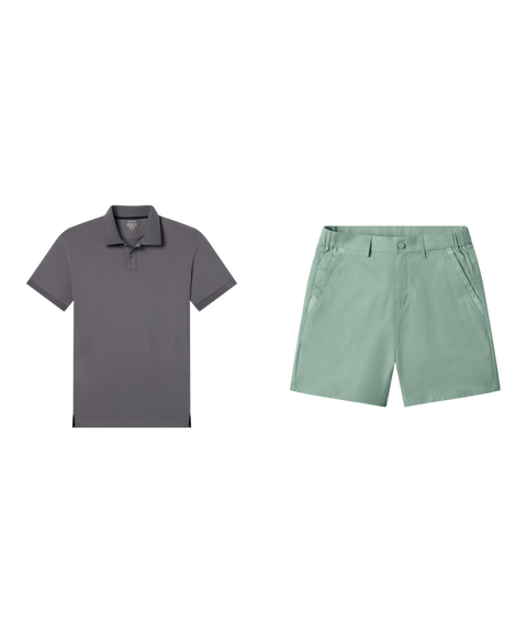 Golf outfit flat lay: Clubhouse Pique Polo in Charcoal Gray with sage green shorts
