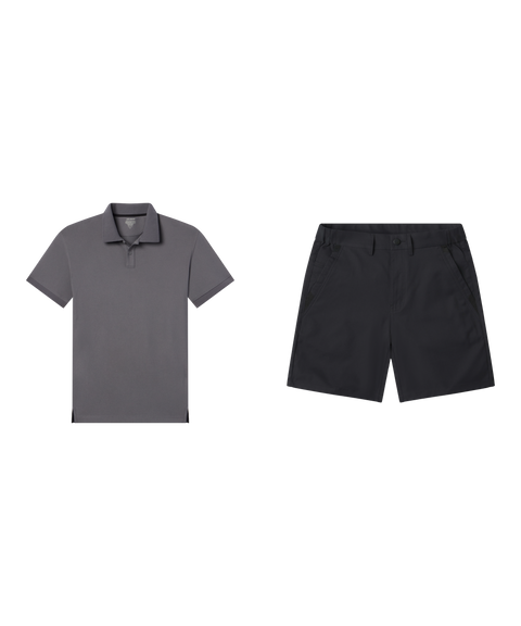 Outfit flat lay: Clubhouse Pique Polo in Charcoal Gray with Jetsetter Tech Short in True Black