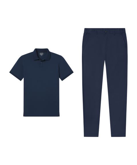 Travel outfit flat lay: Clubhouse Pique Polo in Tidal Blue paired with navy pants