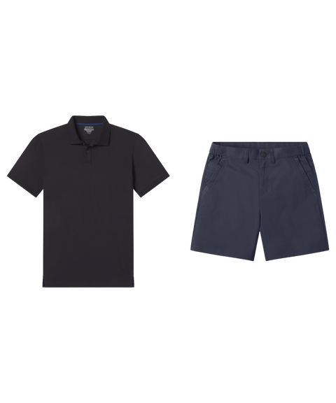 Black pique polo laid flat beside slate navy shorts.