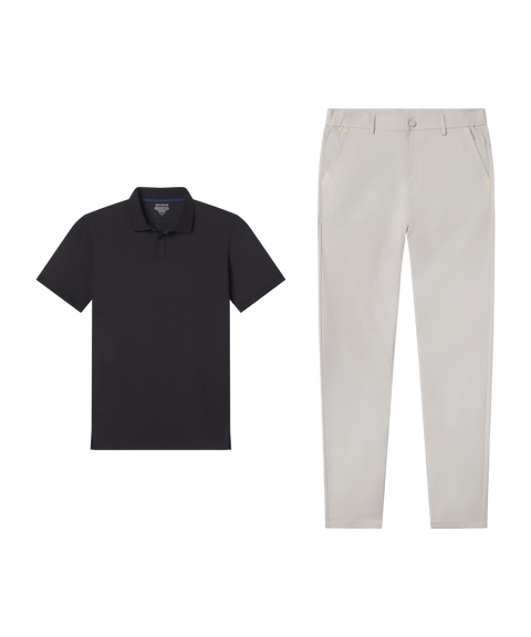 Travel outfit flat lay: Clubhouse Pique Polo in True Black paired with light beige pants