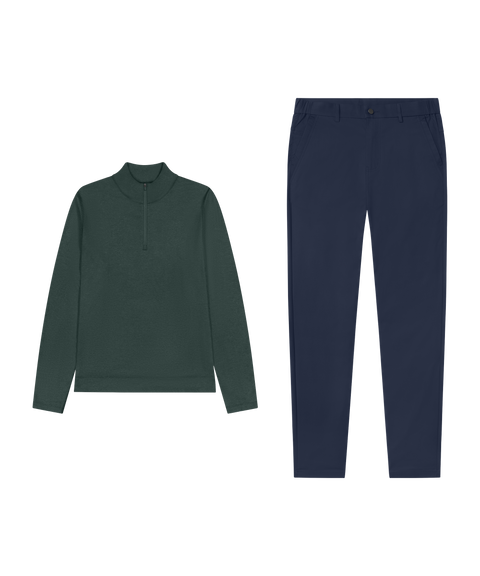 Outfit flat lay: Clubhouse Range Quarter-Zip in Alpine Green with Jetsetter Tech Pant in Deep Blue for golf and active wear