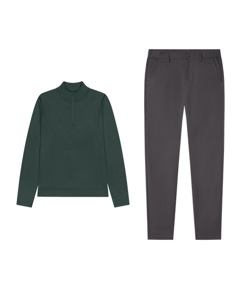 Outfit flat lay: Clubhouse Range Quarter-Zip in Alpine Green with Jetsetter Tech Pant in Charcoal Gray for travel