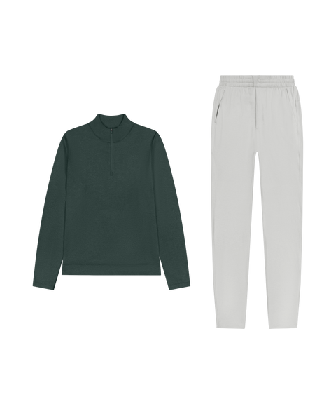 Outfit flat lay: Clubhouse Range Quarter-Zip in Alpine Green with Clubhouse Range Jogger in Vapor Gray for working from home