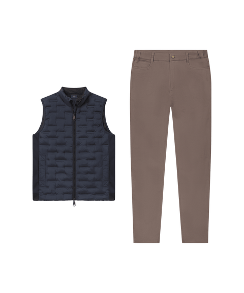 Deep blue quilted Drive vest paired with brown five-pocket pants, laid flat side by side.