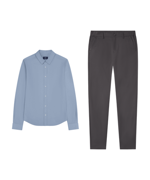 Everywear Shirt, shorter length, in Chambray Blue with charcoal pants, business casual outfit flat lay