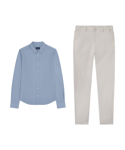 Everywear Shirt, shorter length, in Chambray Blue with off-white pants, travel outfit flat lay