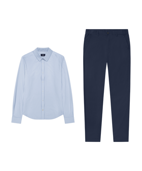 Everywear Shirt, shorter length, in Fine Stripe with navy pants, business casual outfit flat lay