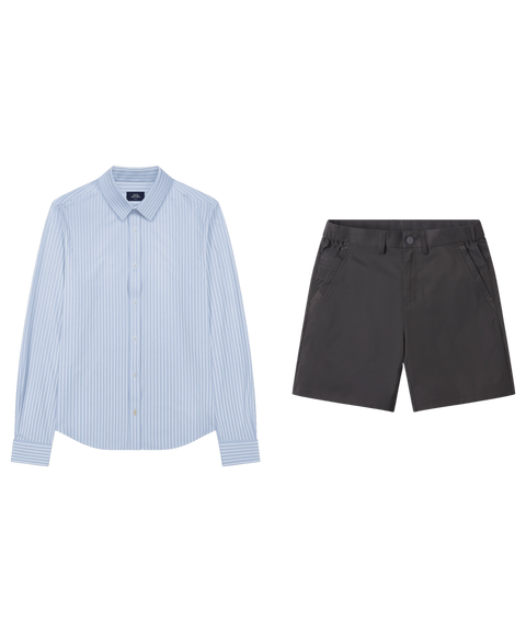 Blue and white striped button-up shirt paired with charcoal shorts, shown flat.