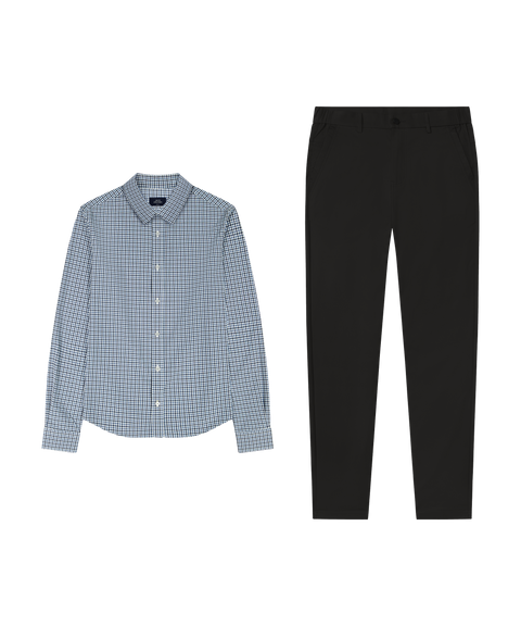 Everywear Shirt, shorter length, in Micro Check with black pants, business casual outfit flat lay