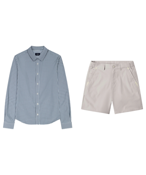 Navy and white micro-check shirt paired with pale stone shorts, shown flat.