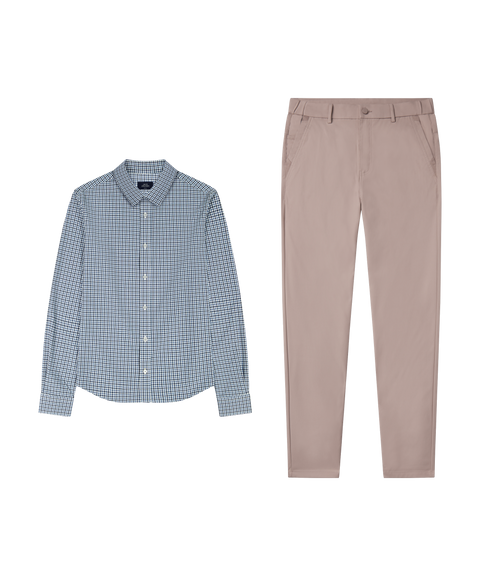 Everywear Shirt, shorter length, in Micro Check with tan pants, travel outfit flat lay