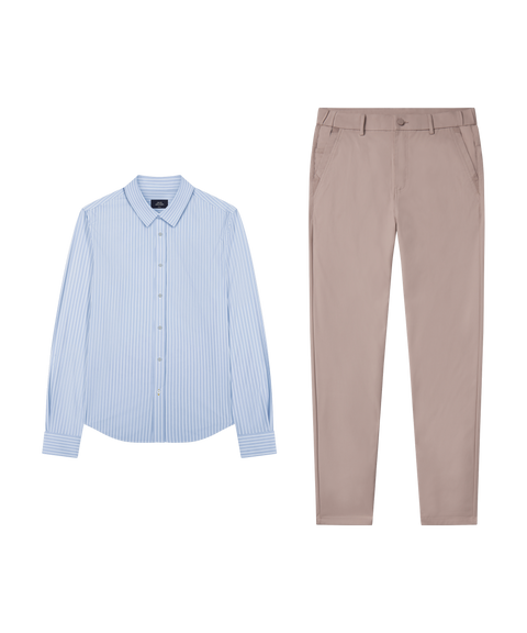 Everywear Shirt in Fine Stripe with tan pants, travel outfit flat lay