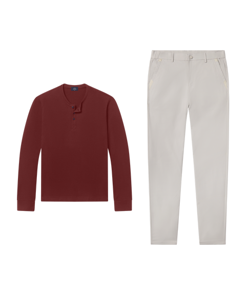 Foundry Waffle Henley Maroon – Smart Casual outfit