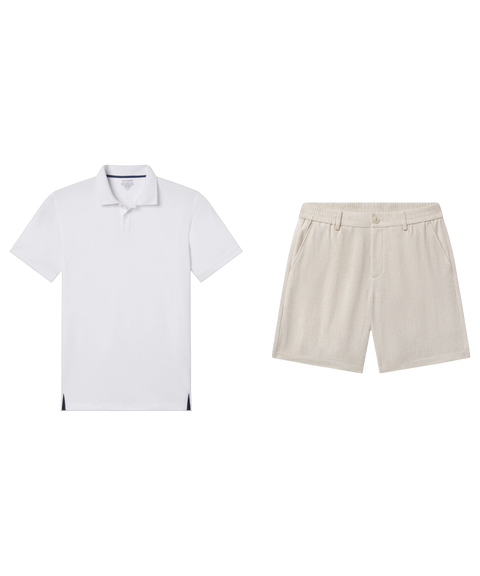 White pique polo paired with oatmeal linen shorts, shown flat.