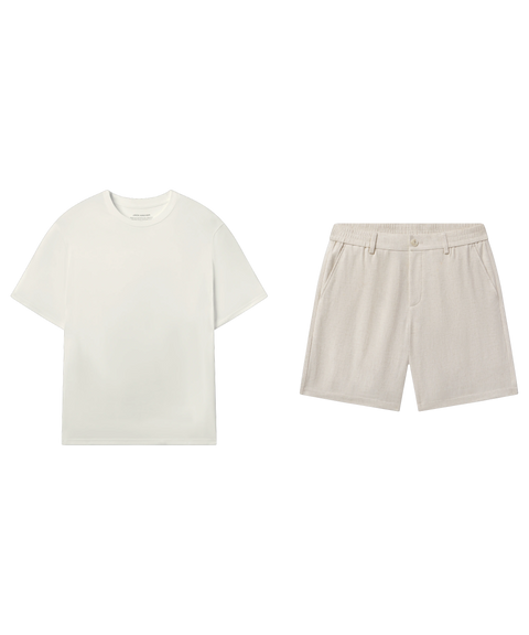 Off-white crewneck tee paired with oatmeal linen shorts, shown flat.