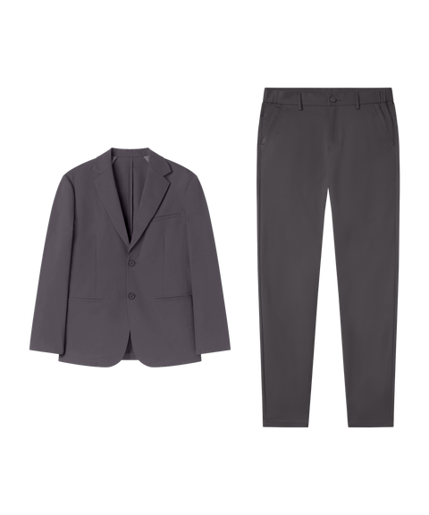 Business casual outfit flat lay: Jetsetter Blazer in Charcoal Gray paired with charcoal pants