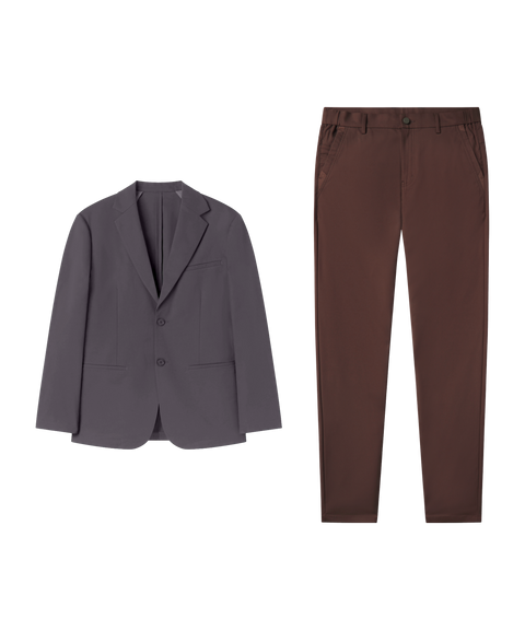 Date night outfit flat lay: Jetsetter Blazer in Charcoal Gray paired with brown pants