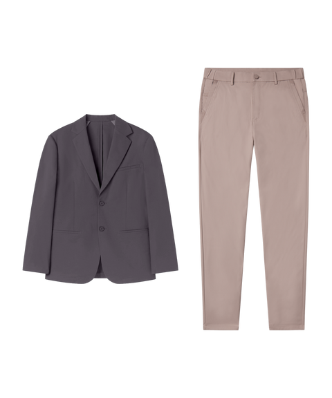 Travel outfit flat lay: Jetsetter Blazer in Charcoal Gray paired with dusty rose pants
