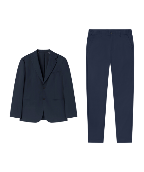 Business casual outfit flat lay: Jetsetter Blazer in Deep Blue paired with navy pants