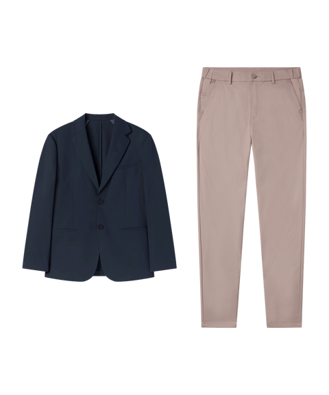 Date night outfit flat lay: Jetsetter Blazer in Deep Blue paired with dusty rose pants