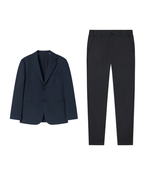 Travel outfit flat lay: Jetsetter Blazer in Deep Blue paired with black pants