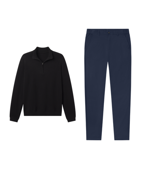 Business casual outfit flat lay: Jetsetter Quarter-Zip Sweater in True Black paired with navy pants