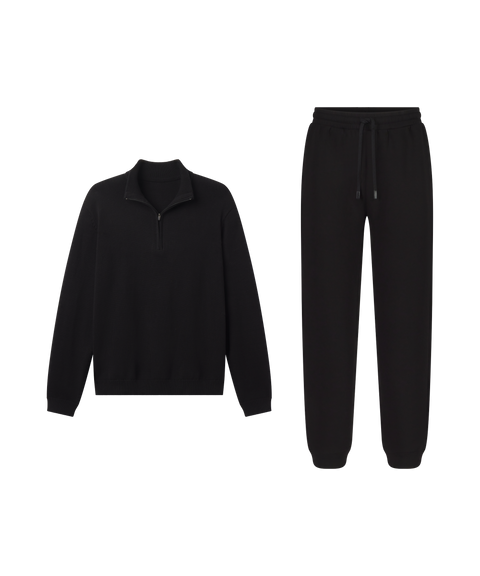 Lounge outfit flat lay: Jetsetter Quarter-Zip Sweater in True Black paired with black joggers