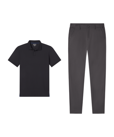 Outfit flat lay: black polo paired with Jetsetter Tech Pant, classic fit, in Charcoal Gray