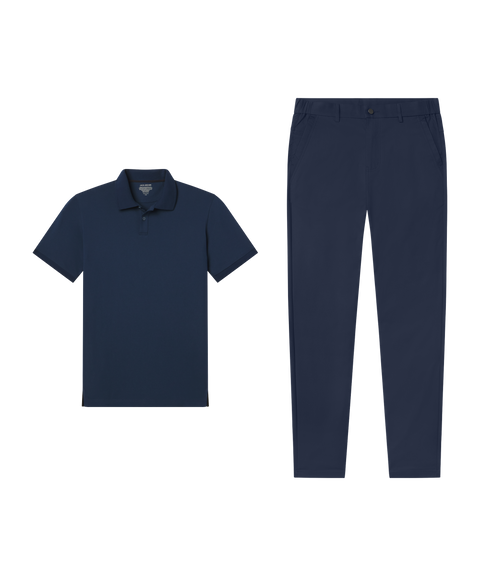 Outfit flat lay: navy Clubhouse Pique Polo paired with Jetsetter Tech Pant, classic fit, in Deep Blue
