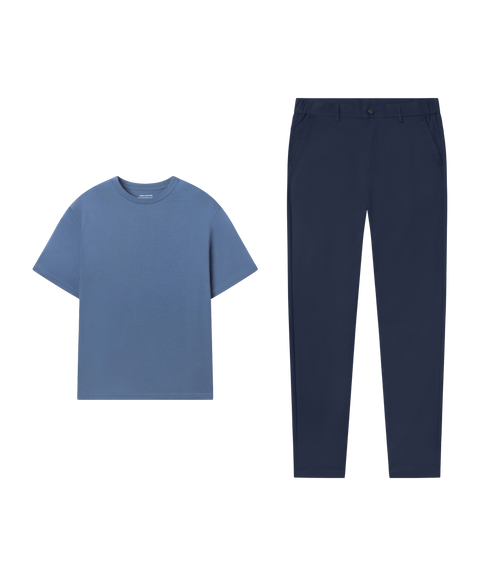 Outfit flat lay: light blue tee paired with Jetsetter Tech Pant, classic fit, in Deep Blue