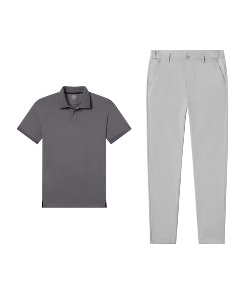 Outfit flat lay: Charcoal Gray Clubhouse Pique Polo paired with Jetsetter Tech Pant, classic fit, in Ice Gray