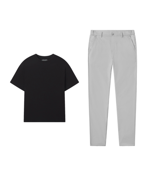 Travel outfit flat lay: black tee paired with Jetsetter Tech Pant, classic fit, in Ice Gray