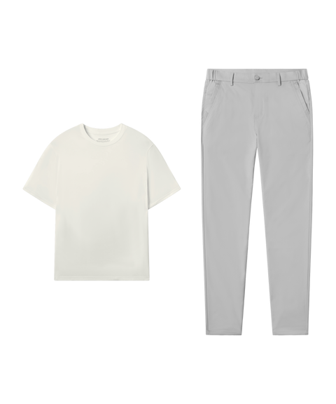 Outfit flat lay: Ecru tee paired with Jetsetter Tech Pant, classic fit, in Ice Gray