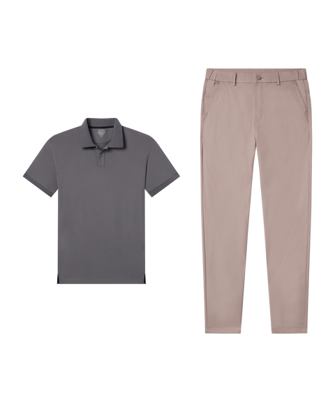 Outfit flat lay: Charcoal Gray Clubhouse Pique Polo paired with Jetsetter Tech Pant, classic fit, in Oak Khaki