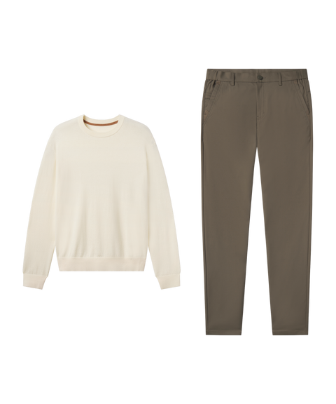 Outfit flat lay: cream Anytime Crewneck Sweater paired with Jetsetter Tech Pant, classic fit, in Olive Green