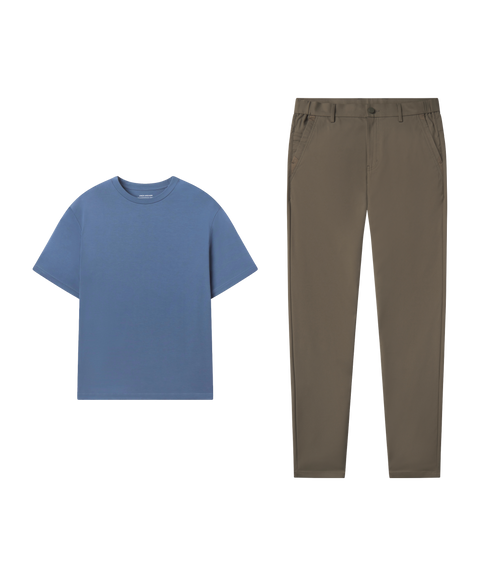 Outfit flat lay: light blue tee paired with Jetsetter Tech Pant, classic fit, in Olive Green