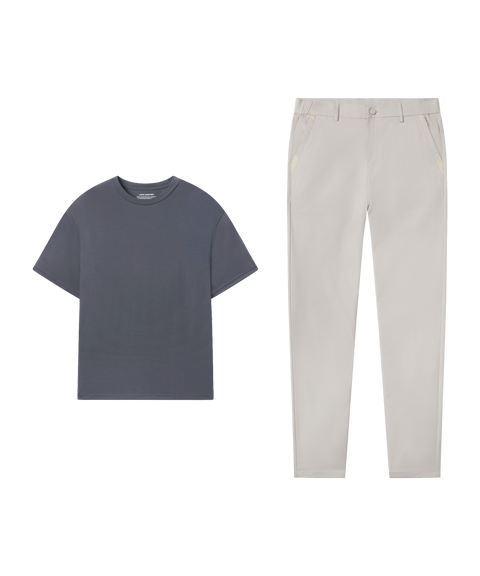Outfit flat lay: Charcoal Gray tee paired with Jetsetter Tech Pant, classic fit, in Sand Stone