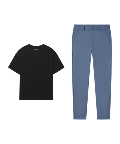 Outfit flat lay: black tee paired with Jetsetter Tech Pant, slim fit, in Bering Sea