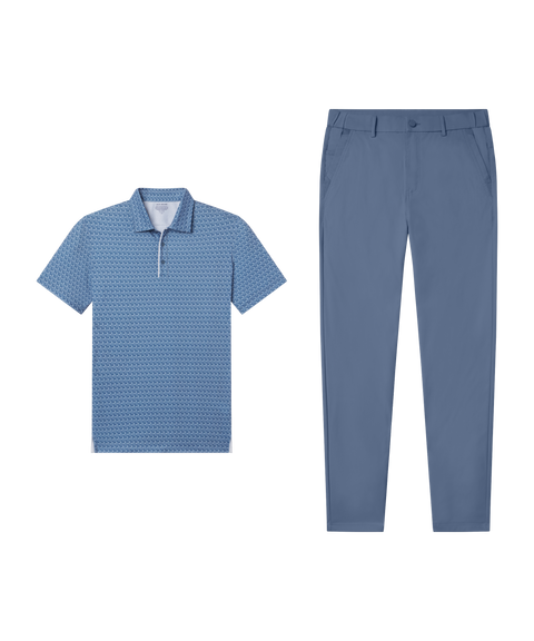 Outfit flat lay: blue patterned Clubhouse Performance Polo paired with Jetsetter Tech Pant, slim fit, in Bering Sea