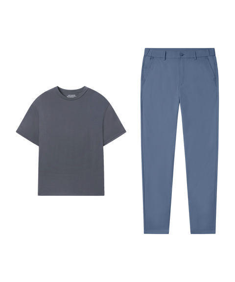 Outfit flat lay: Charcoal Gray tee paired with Jetsetter Tech Pant, slim fit, in Bering Sea