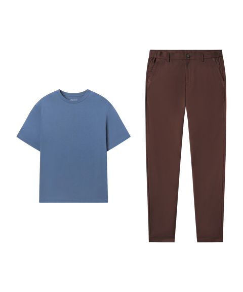 Outfit flat lay: light blue tee paired with Jetsetter Tech Pant, slim fit, in Bourbon Brown