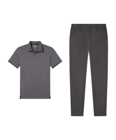 Outfit flat lay: Charcoal Gray Clubhouse Pique Polo paired with Jetsetter Tech Pant, slim fit, in Charcoal Gray