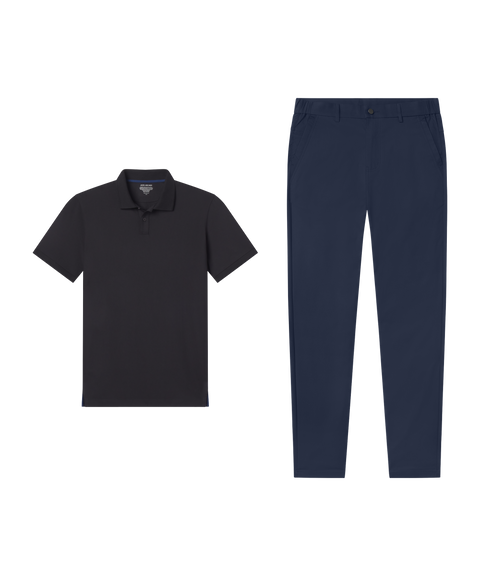 Outfit flat lay: black polo paired with Jetsetter Tech Pant, slim fit, in Deep Blue